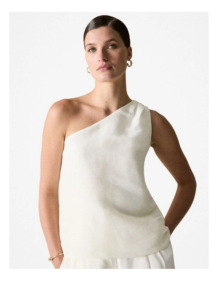 Linen Silk One Shoulder Top in White image 1