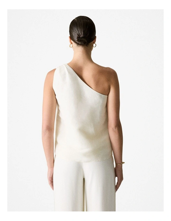 Linen Silk One Shoulder Top in White image 3