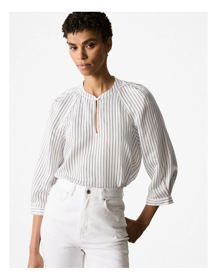 Viscose Silk Stripe 3/4 Sleeve Blouse in Black image 1