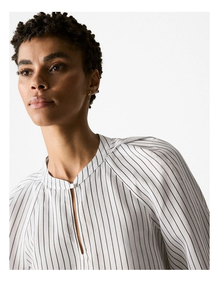 Viscose Silk Stripe 3/4 Sleeve Blouse in Black image 4