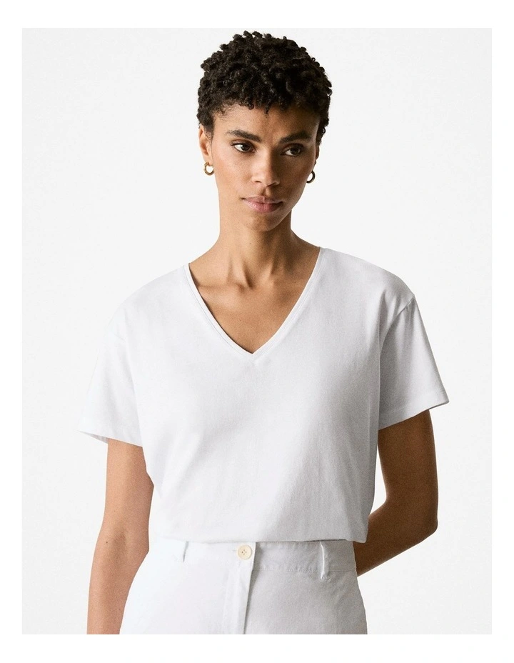 Pima Cotton V Neck T-shirt in White image 1