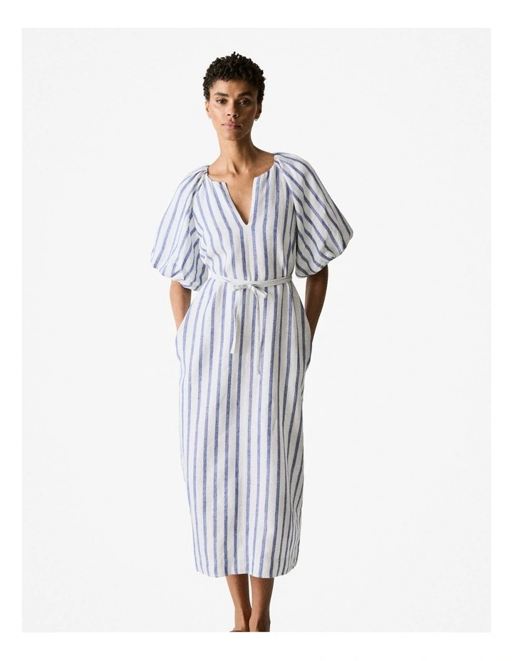 Yarn Dyed Linen Stripe Blouson Sleeve Dress in Cobalt image 1