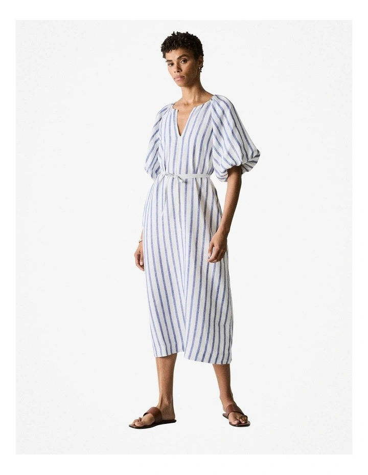 Yarn Dyed Linen Stripe Blouson Sleeve Dress in Cobalt image 2