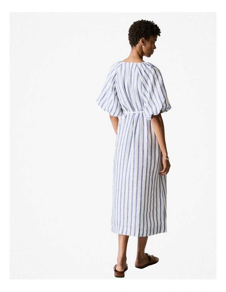 Yarn Dyed Linen Stripe Blouson Sleeve Dress in Cobalt image 3