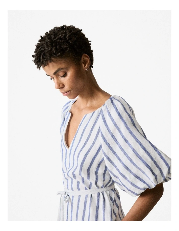 Yarn Dyed Linen Stripe Blouson Sleeve Dress in Cobalt image 4