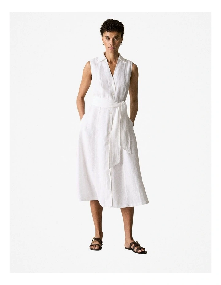 Linen Panel Detail Shirt Dress in White image 2