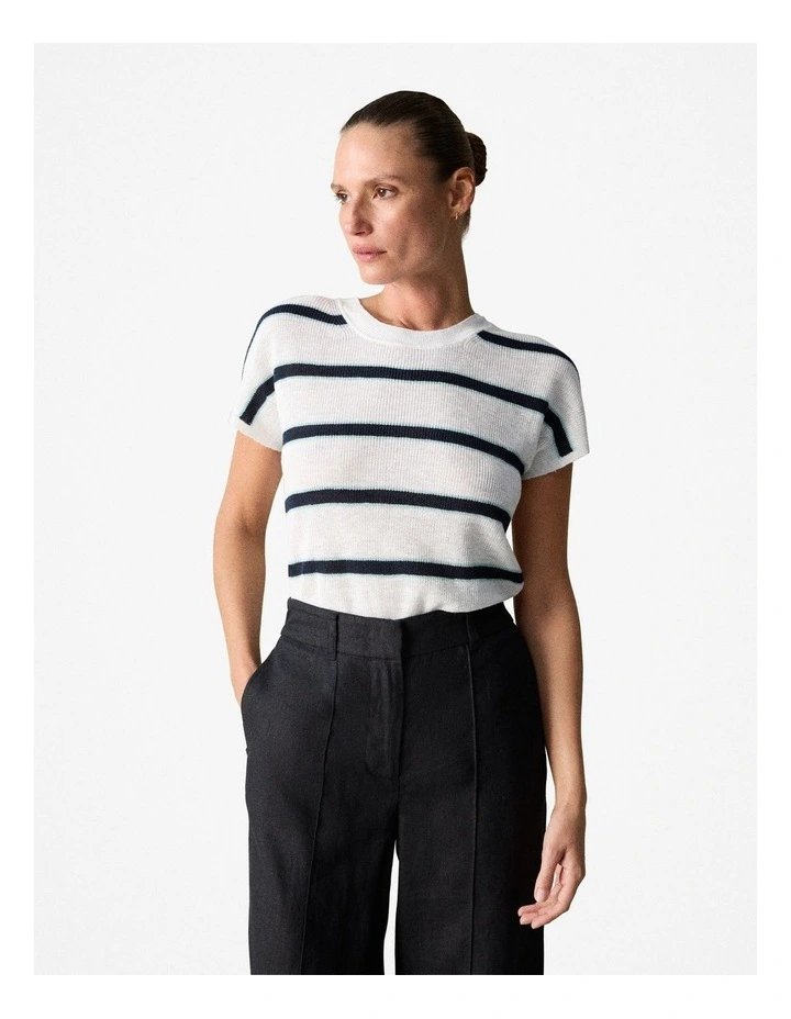 Linen Blend Stripe Knit T-shirt in Night Sky image 1