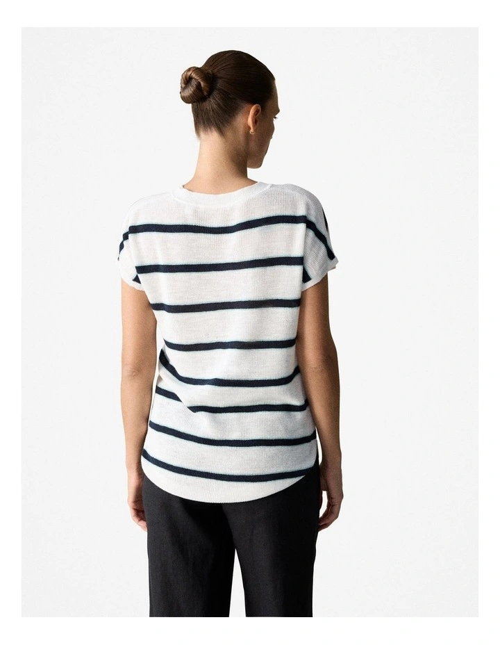 Linen Blend Stripe Knit T-shirt in Night Sky image 3