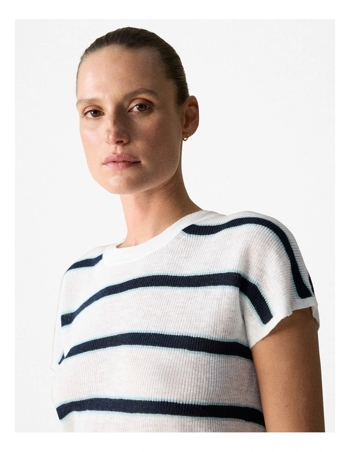 Linen Blend Stripe Knit T-shirt in Night Sky image 4