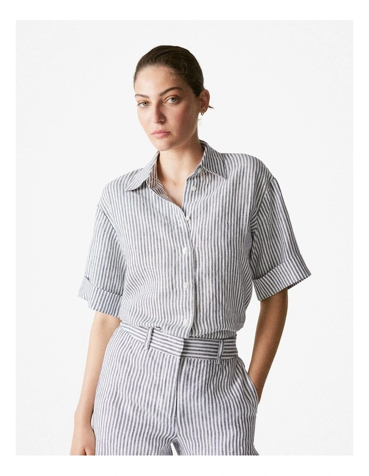 Yarn Dyed Linen Stripe Short Sleeve Shirt in Night Sky image 1