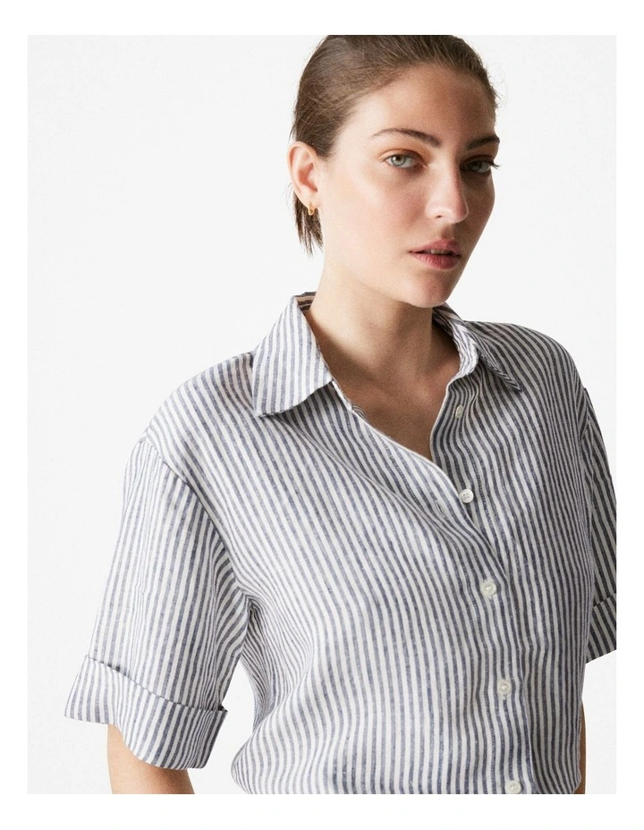 Yarn Dyed Linen Stripe Short Sleeve Shirt in Night Sky image 4
