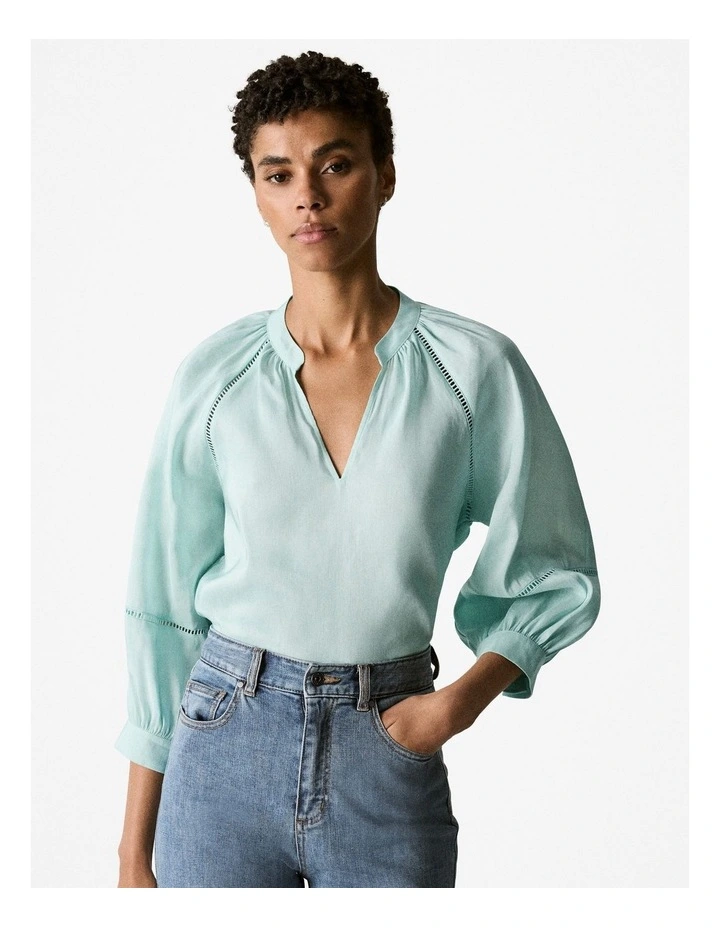 Linen Silk Lattice Trim Blouse in Pale Aqua image 1