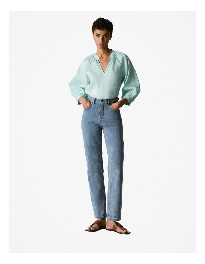 Linen Silk Lattice Trim Blouse in Pale Aqua image 2