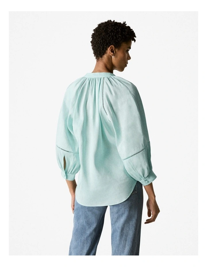 Linen Silk Lattice Trim Blouse in Pale Aqua image 3