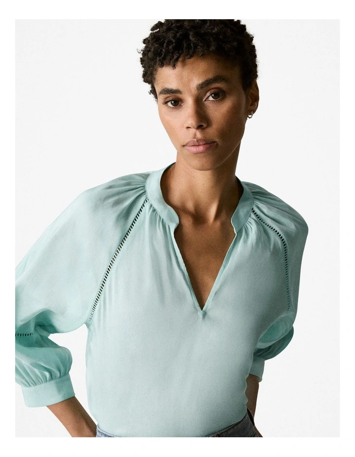 Linen Silk Lattice Trim Blouse in Pale Aqua image 4
