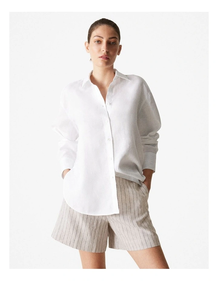 Linen Relaxed Long Sleeve Shirt in White image 1