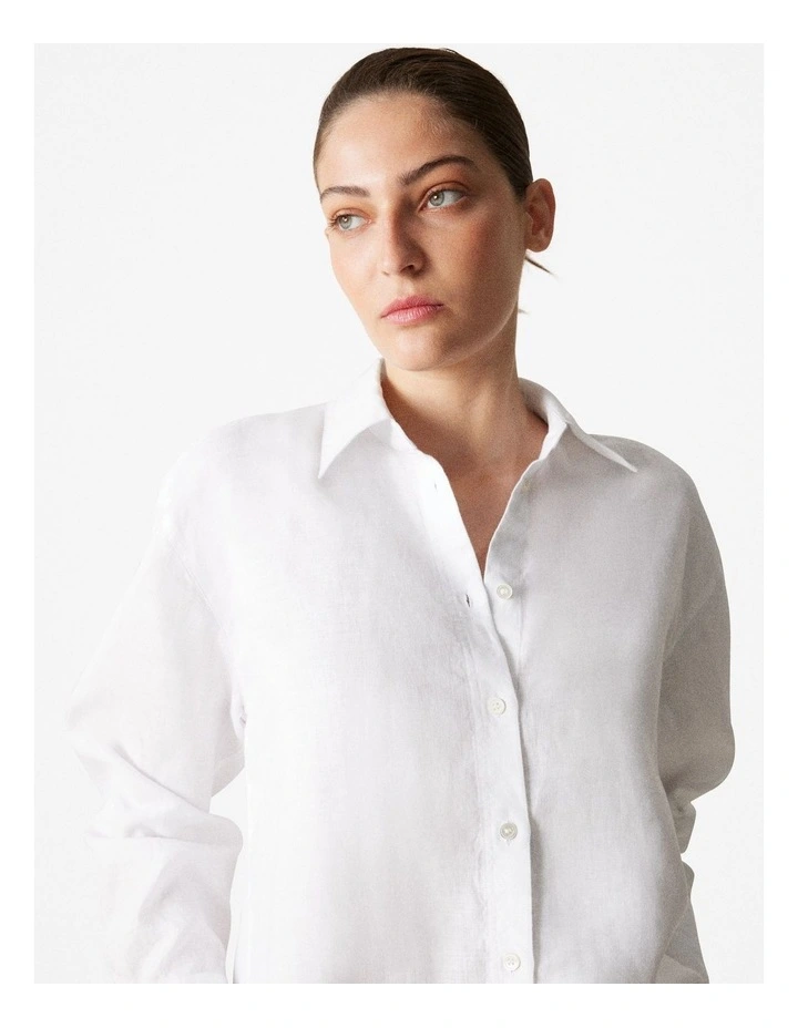 Linen Relaxed Long Sleeve Shirt in White image 4