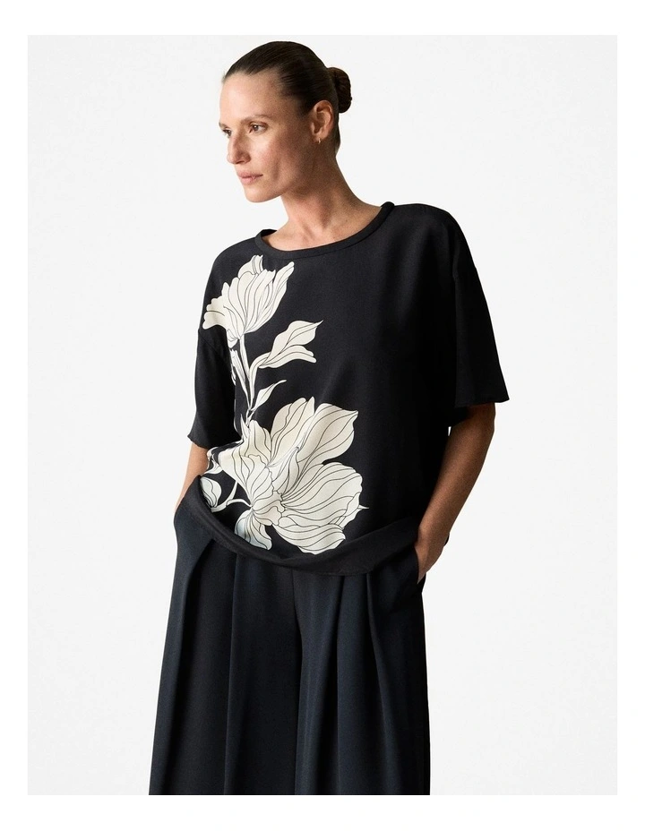 Silk Clipped Floral Top in Black image 1