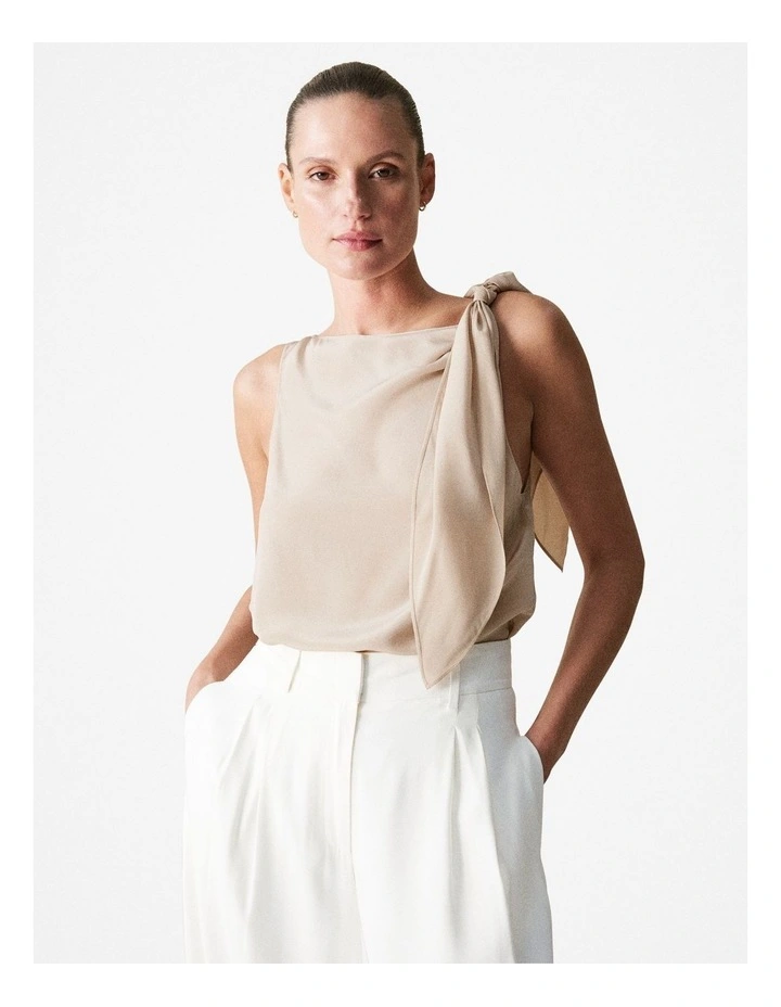 Silk Tie Detail Top in Biscuit image 1
