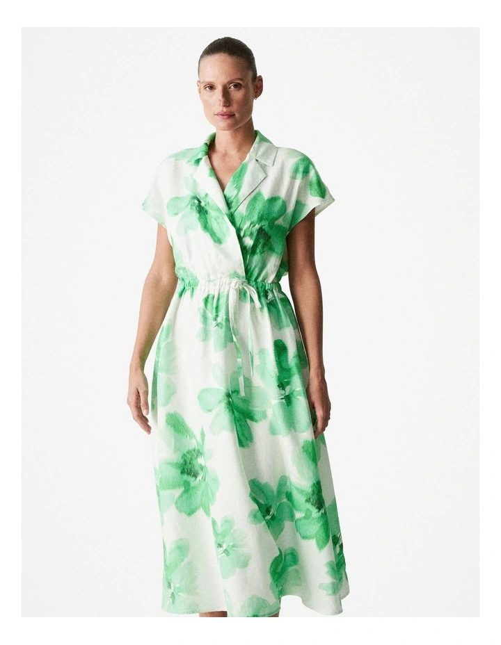 Linen Floral Cap Sleeve Dress in True Green image 1
