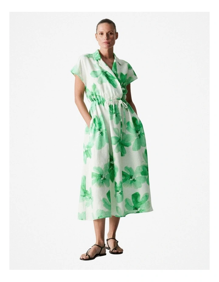 Linen Floral Cap Sleeve Dress in True Green image 2