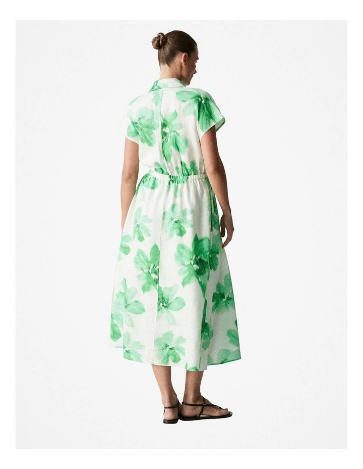 Linen Floral Cap Sleeve Dress in True Green image 3
