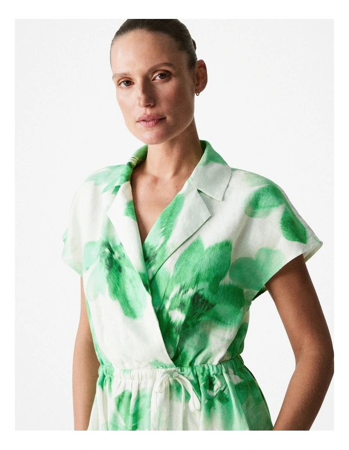 Linen Floral Cap Sleeve Dress in True Green image 4