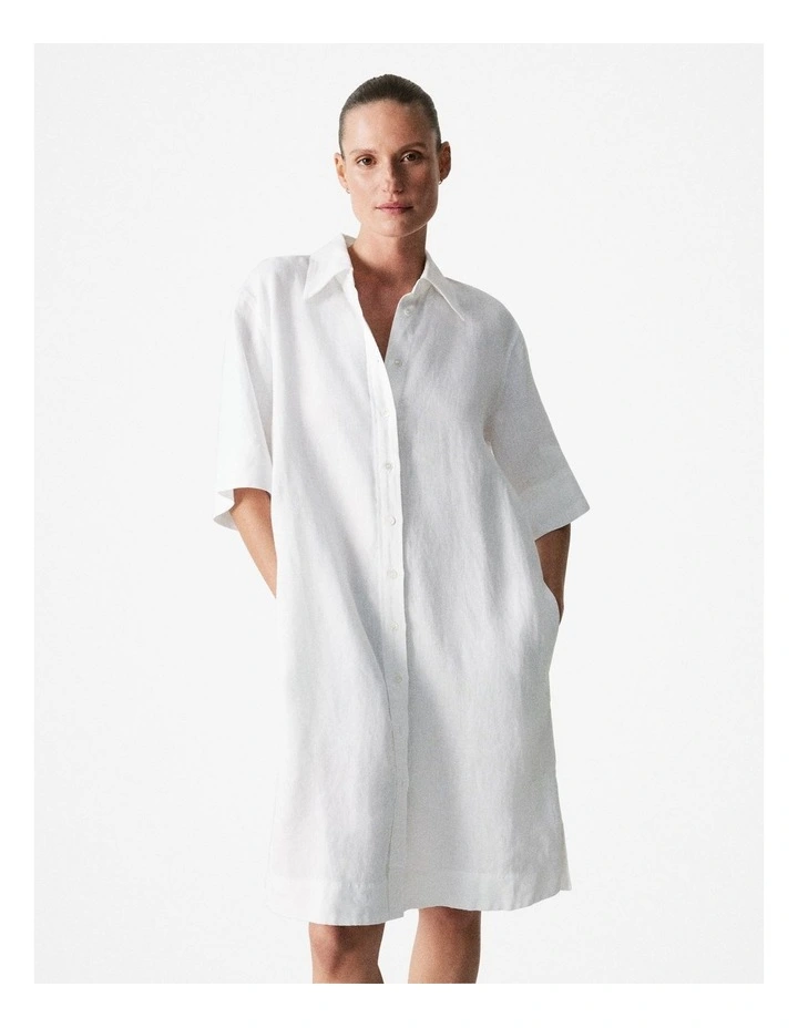 Linen Shift Dress in White image 1