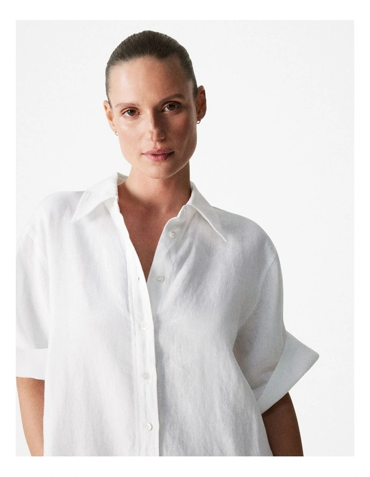 Linen Shift Dress in White image 4