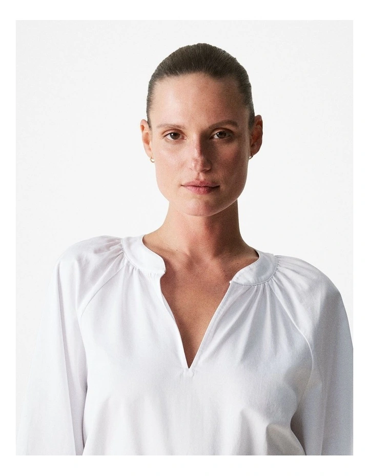 Cotton Sateen Lantern Sleeve Blouse in White image 4