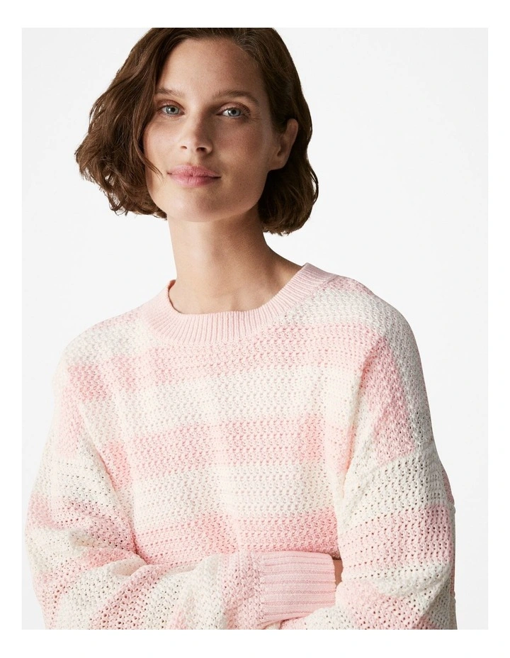 Mercerised Cotton Relaxed Stripe Knit Jumper in Light Pink image 3