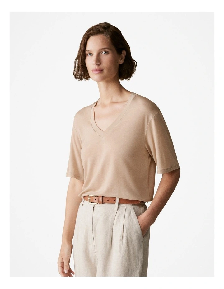 Draped V Neck T-Shirt in Biscuit image 1