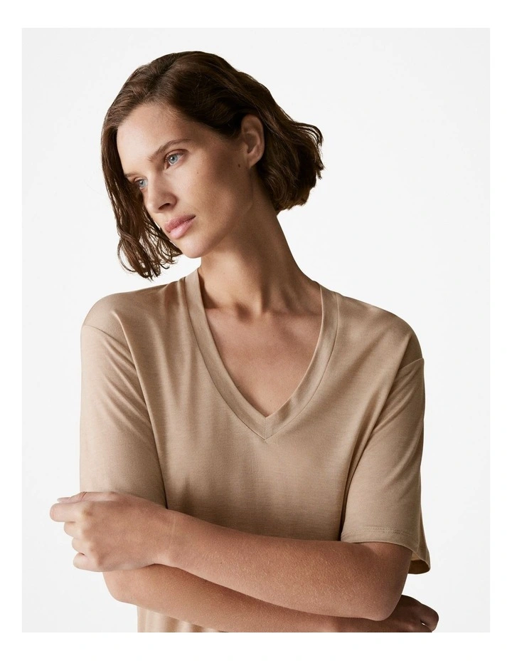 Draped V Neck T-Shirt in Biscuit image 3