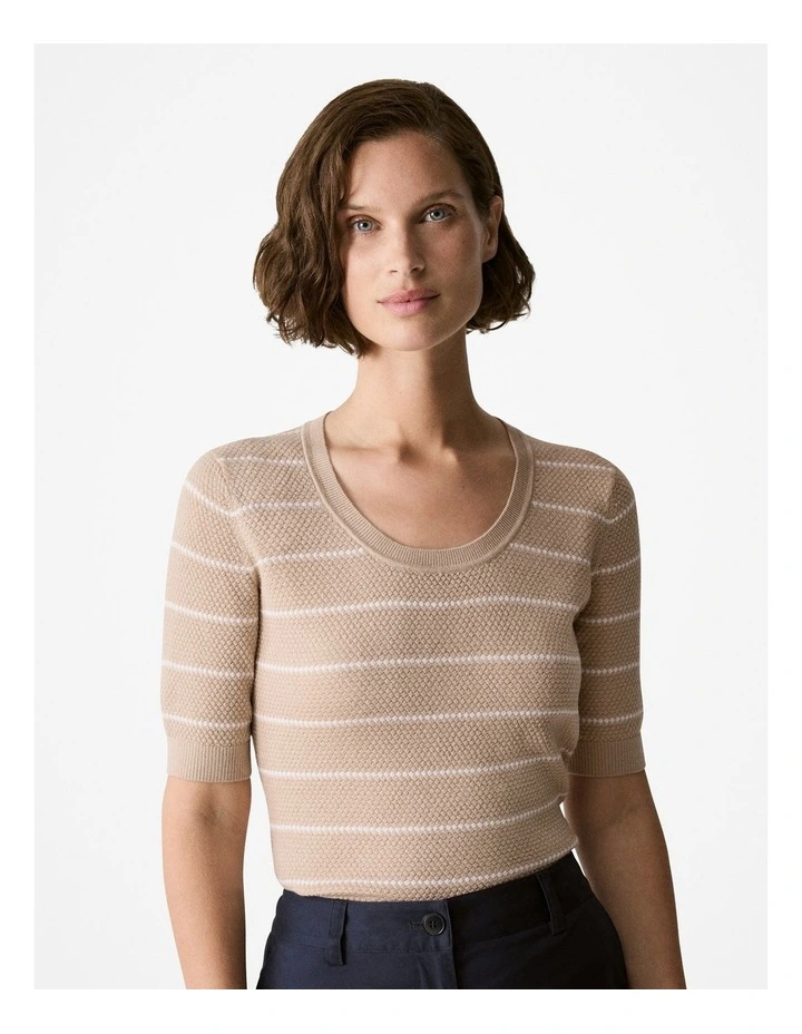 Merino Stripe Crew Knit T-shirt in Biscuit image 1