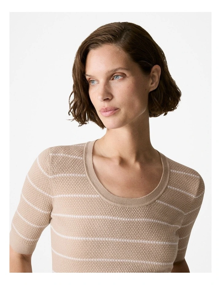 Merino Stripe Crew Knit T-shirt in Biscuit image 3