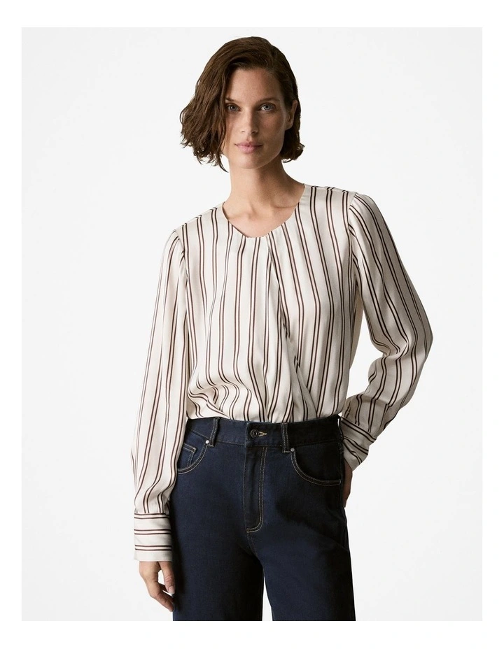 Satin Stripe Draped Blouse in Chocolate image 1