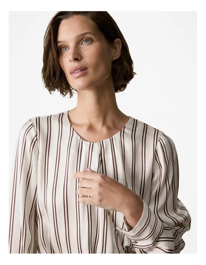 Satin Stripe Draped Blouse in Chocolate image 3