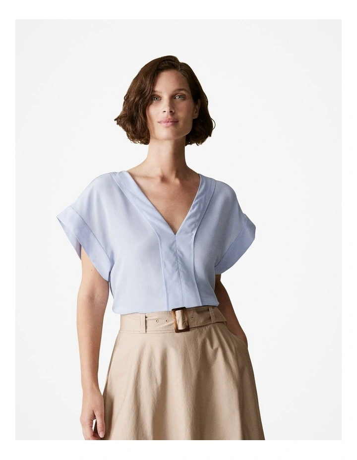 Silk V Neck Short Sleeve Blouse in Mid Blue image 1
