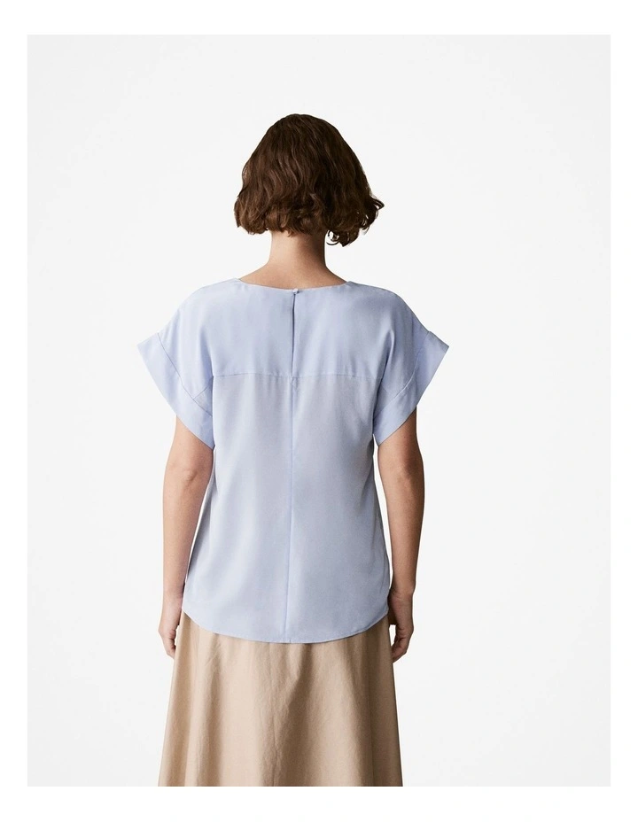 Silk V Neck Short Sleeve Blouse in Mid Blue image 3