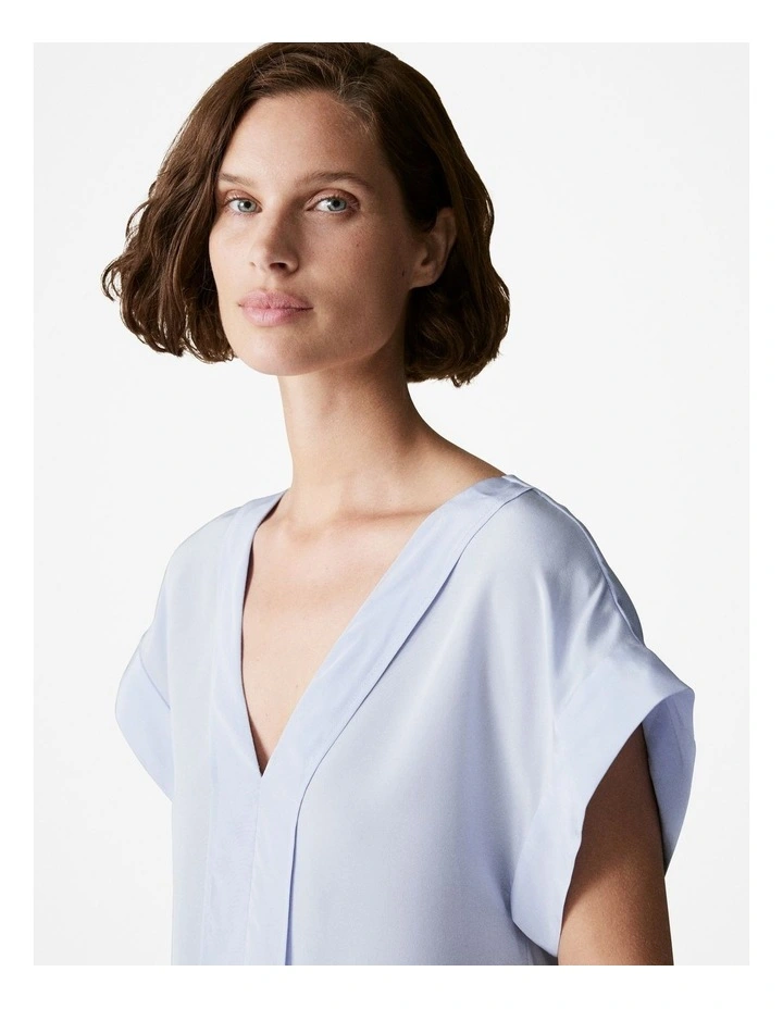 Silk V Neck Short Sleeve Blouse in Mid Blue image 4