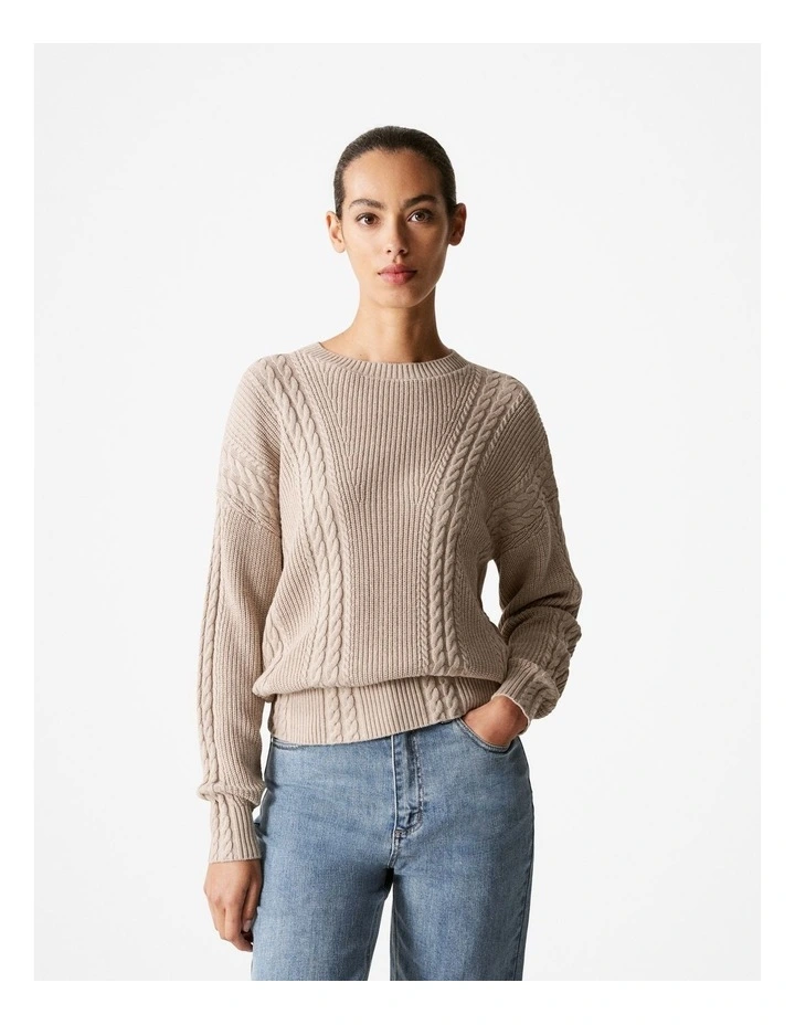 Cotton Cashmere Cable Pullover in Biscuit image 1