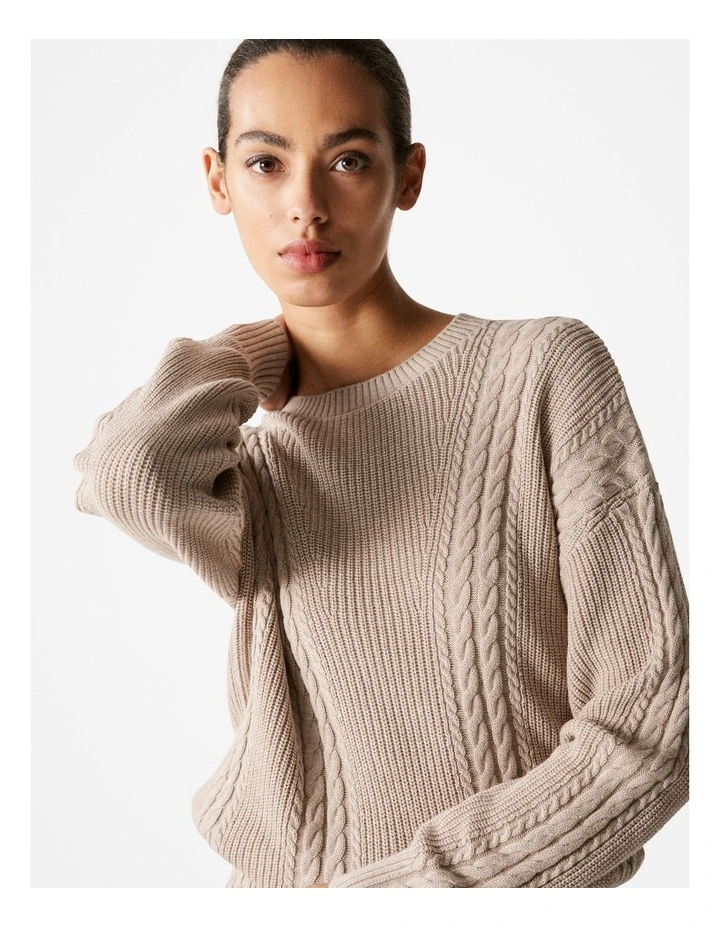 Cotton Cashmere Cable Pullover in Biscuit image 3