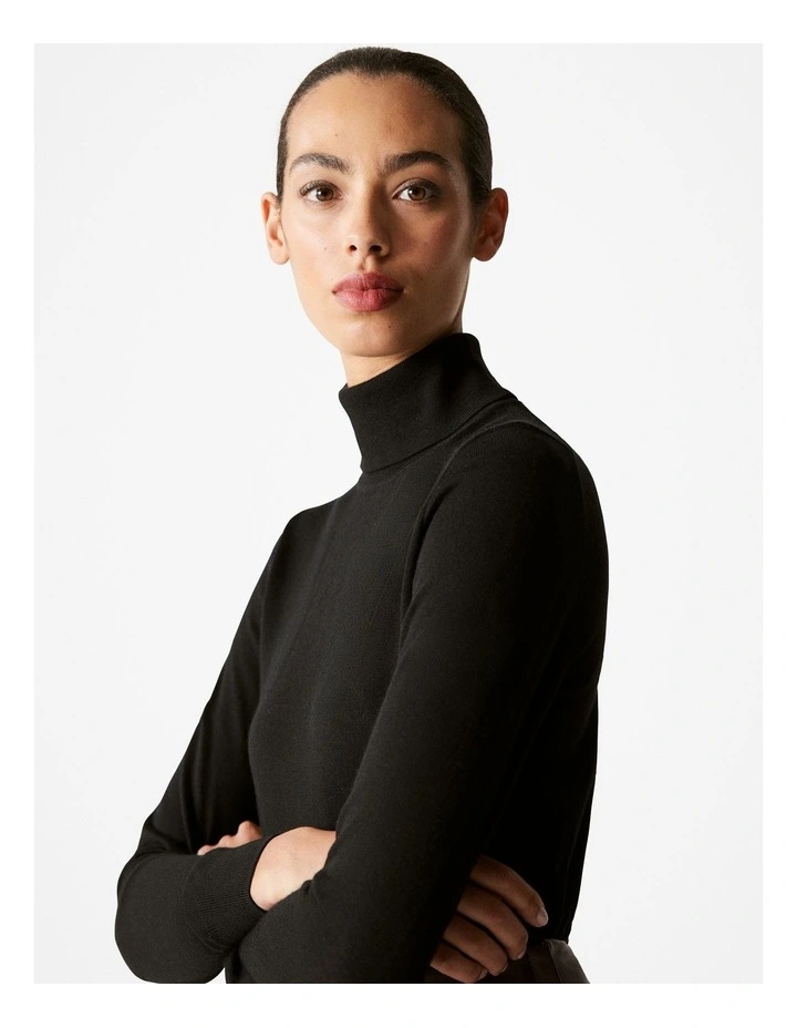 Merino Roll Neck Knit in Black image 3