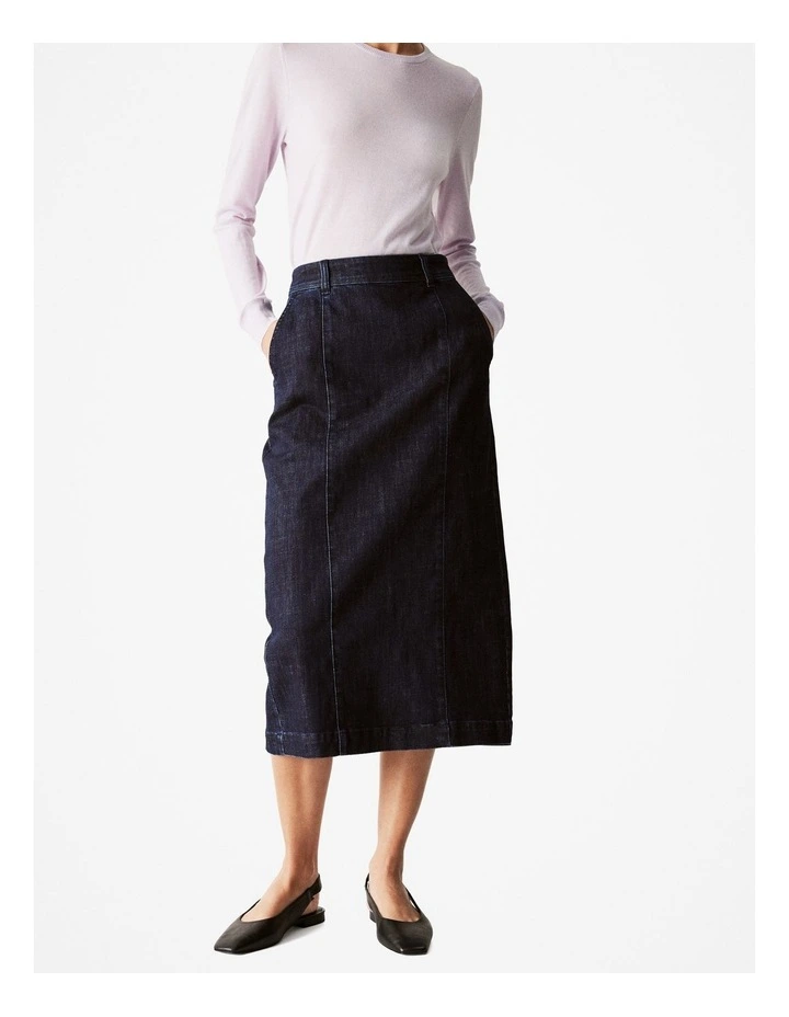 Denim Pintuck Skirt in Dark Indigo image 2