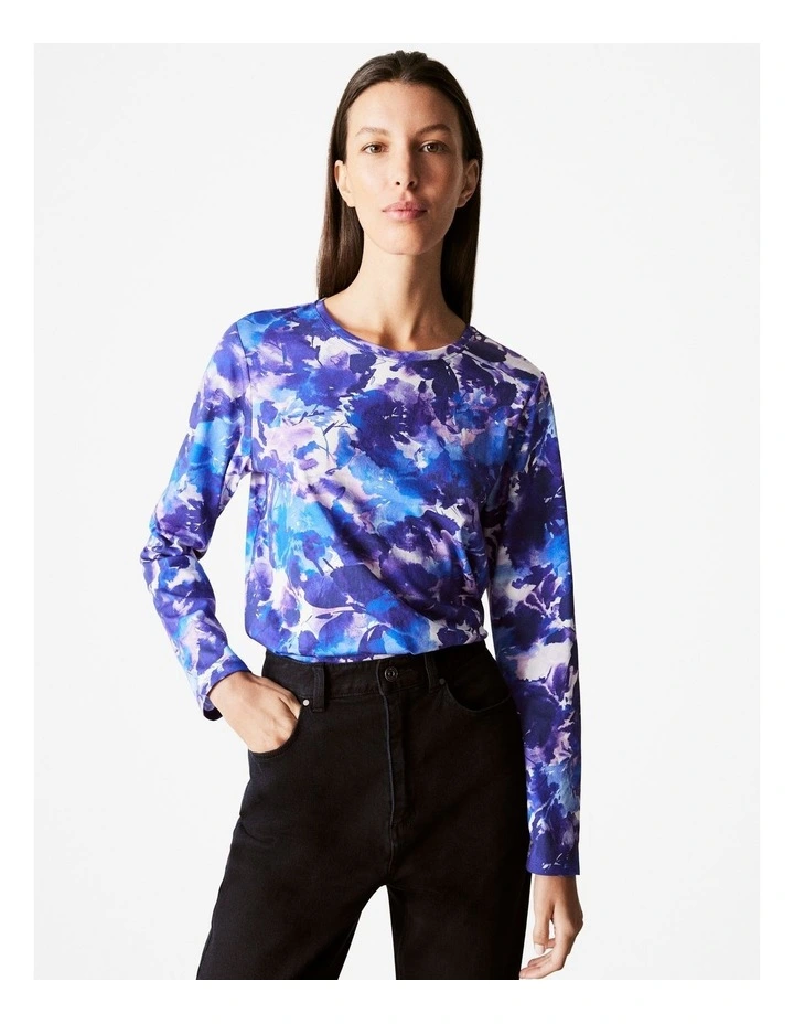Pima Cotton Watercolour Floral T-shirt in Royal Purple image 1