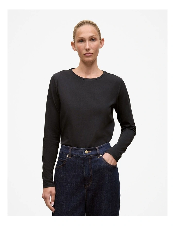 Cotton Long Sleeve Crew T-Shirt in Black image 1