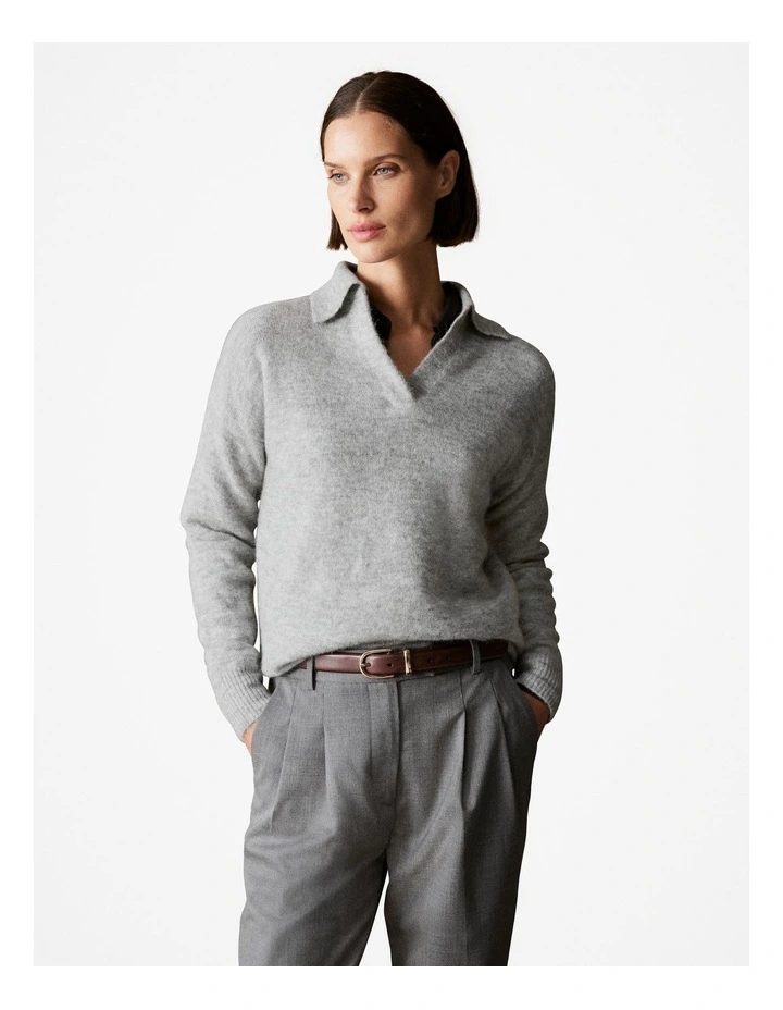Alpaca Merino Blend Relaxed Polo Knit in Light Grey Melange image 1