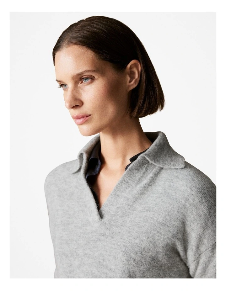 Alpaca Merino Blend Relaxed Polo Knit in Light Grey Melange image 3