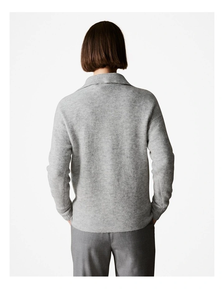 Alpaca Merino Blend Relaxed Polo Knit in Light Grey Melange image 4