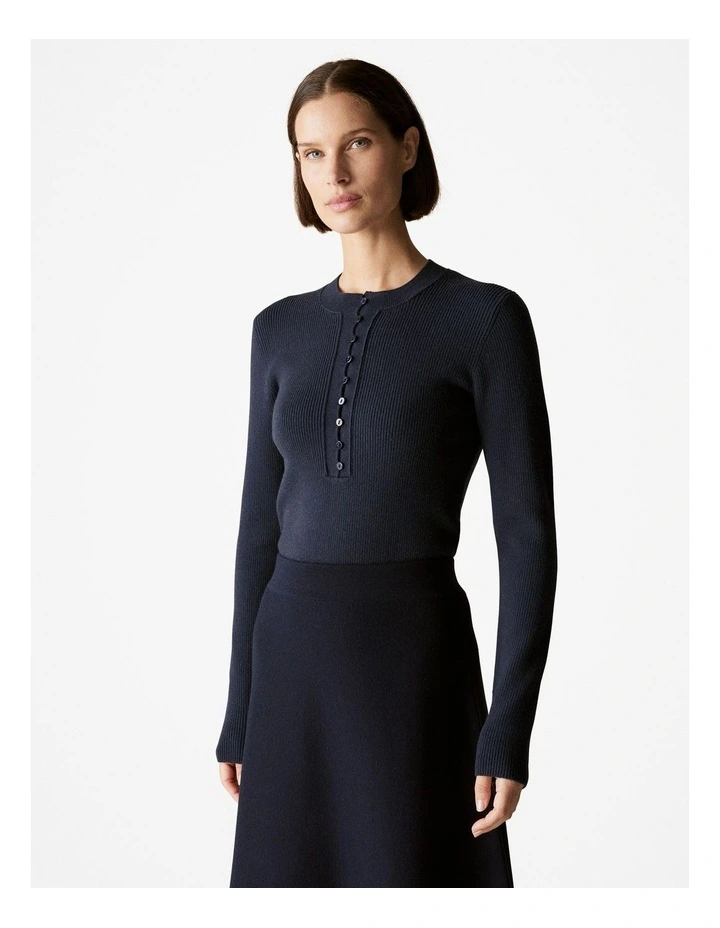 Wool Cotton Blend Rib Button Front Knit in Night Sky image 1